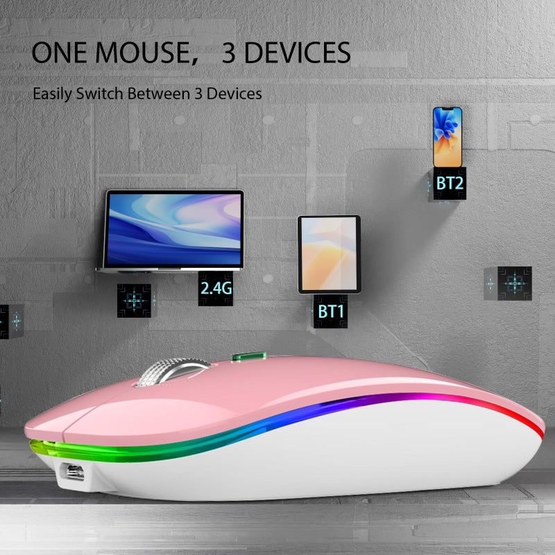 TENMOS Wireless Bluetooth Mouse, LED Slim (Bluetooth 5.1 + USB) 2.4GHz Rechargeable Silent Bluetooth Wireless Mouse with Type C Adapter for Laptop/MacBook/iPad OS 13 and Above (Pink) - Image 2